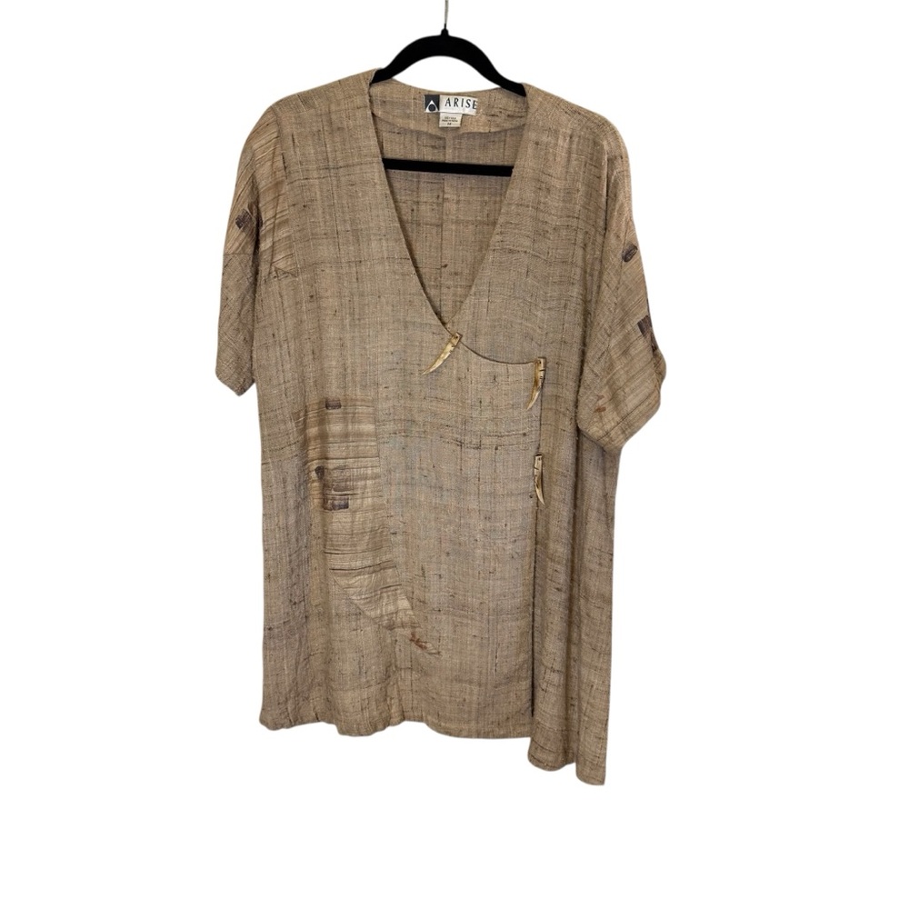 Arise Women’s Vintage Art to Wear Raw Silk Tan Embellished Blouse sz L